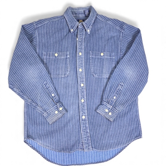 VTG 90s GAP Blue Jeans World Standard Hickory Striped Denim Work Shirt Button M - Picture 2 of 7